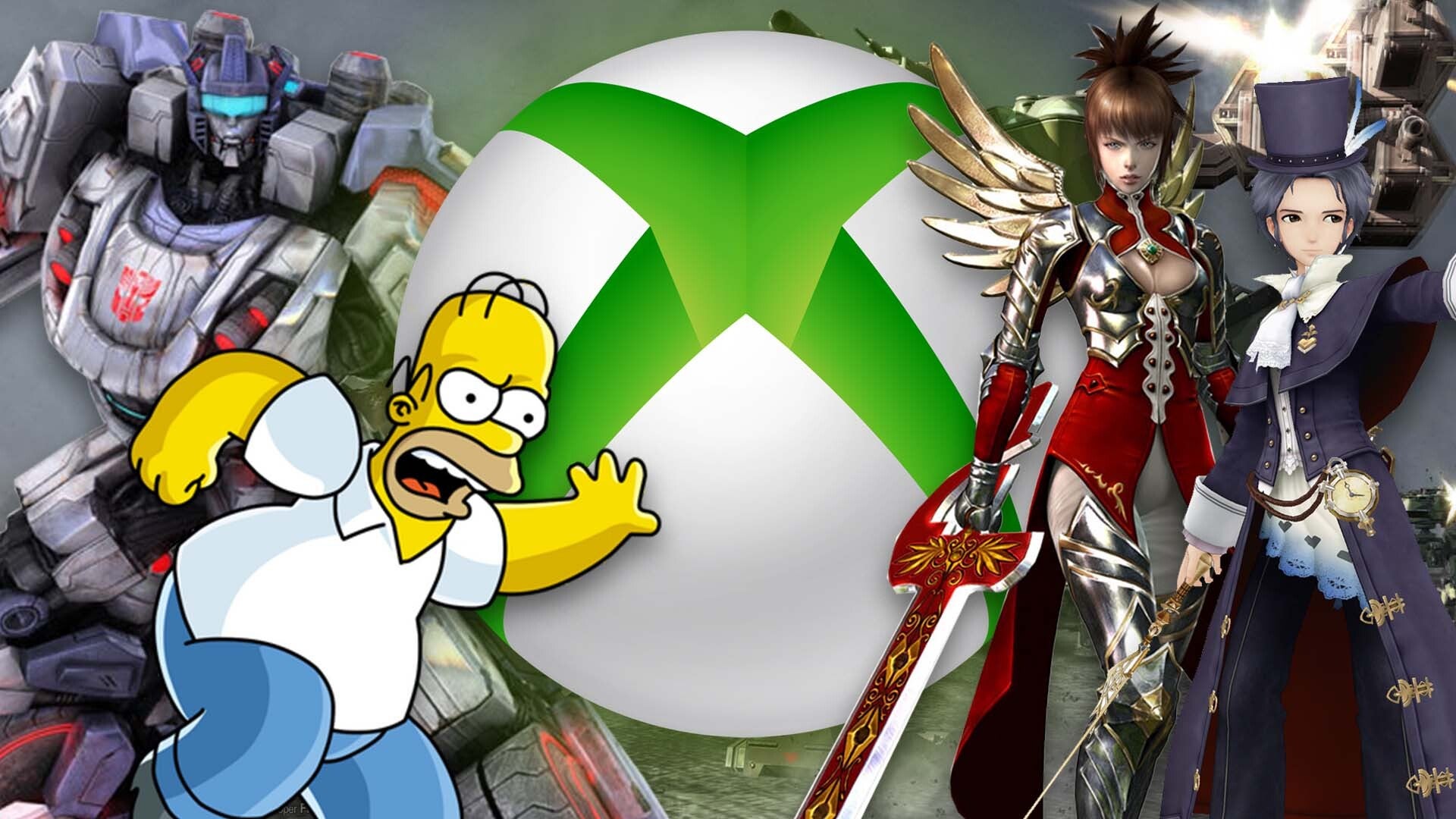 Homer, Optimus, and other characters stand in front of the Xbox 360 logo. 